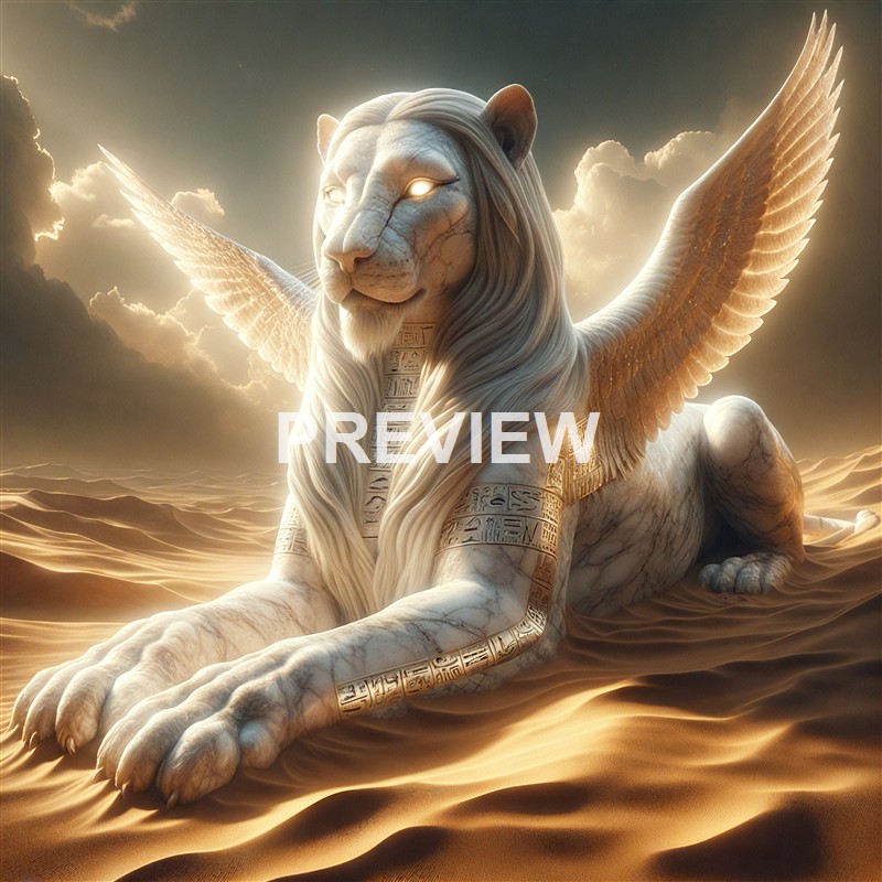 A fantastical creature with the body of a lion, wings of a bird, and a human-like face with glowing eyes, adorned with ancient Egyptian-style hieroglyphic markings, resting on a desert sand dune under a cloudy sky.